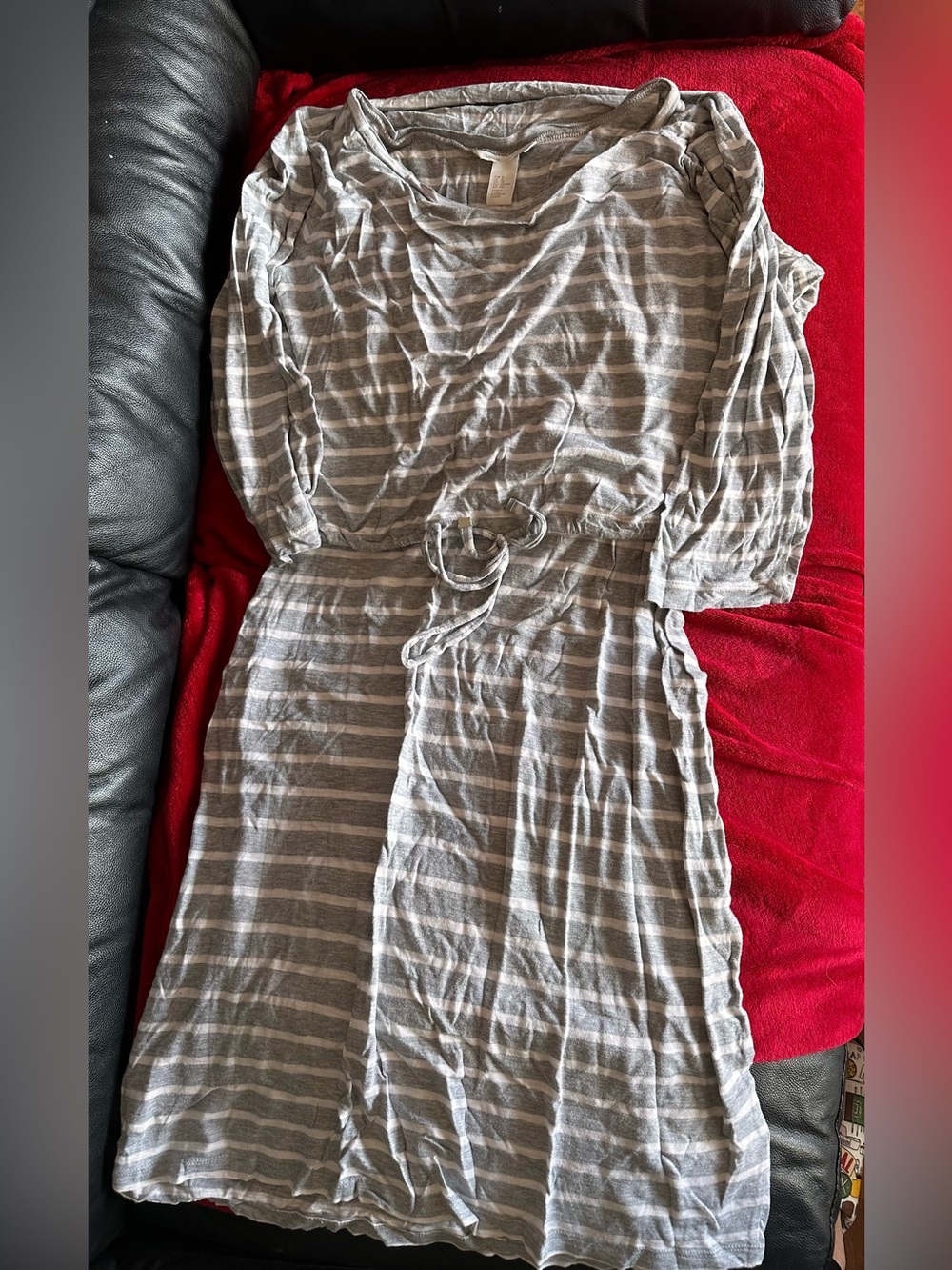 Casual Gray Striped Midi Maternity/Nursing Dress with Drawstring Waist